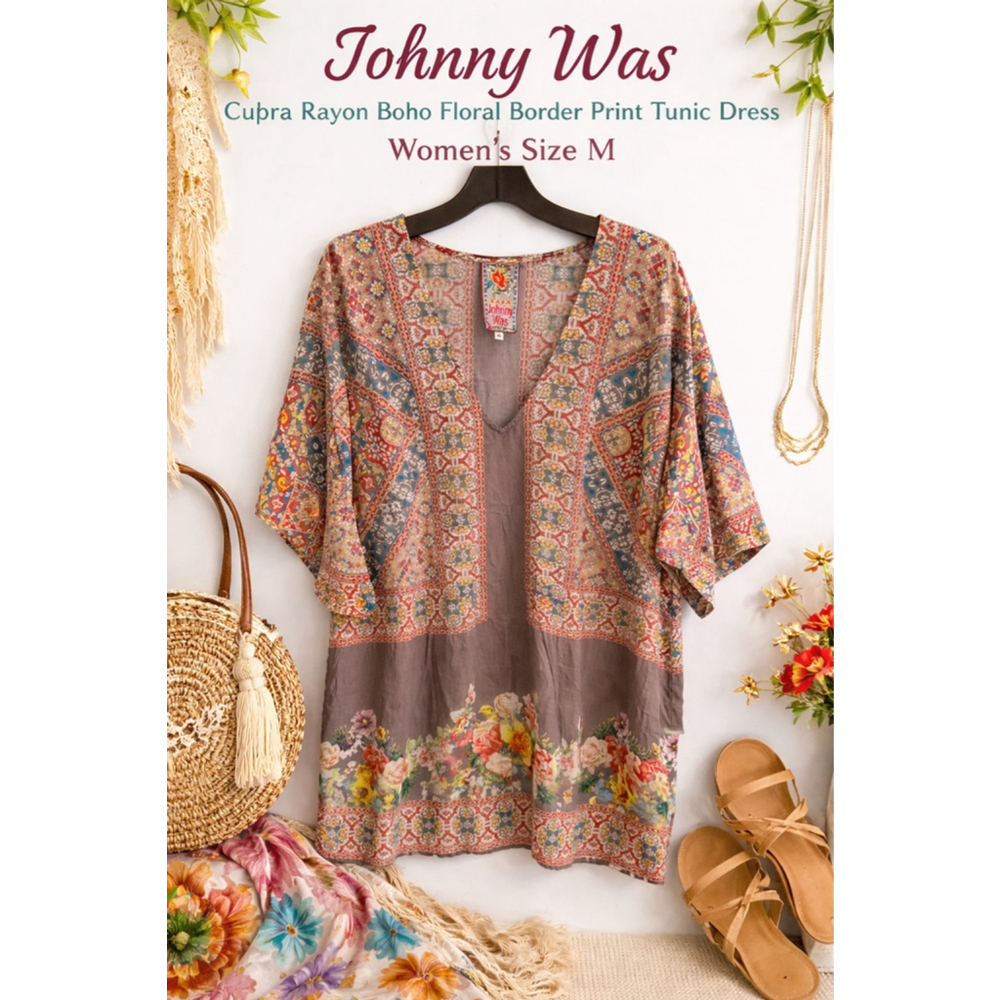 Johnny Was Cupra Rayon Boho Floral Border Print Tunic Dress Size M